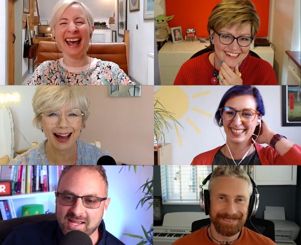 Images of smiling faces in Zoom calls, showing Harbour32 team with clients